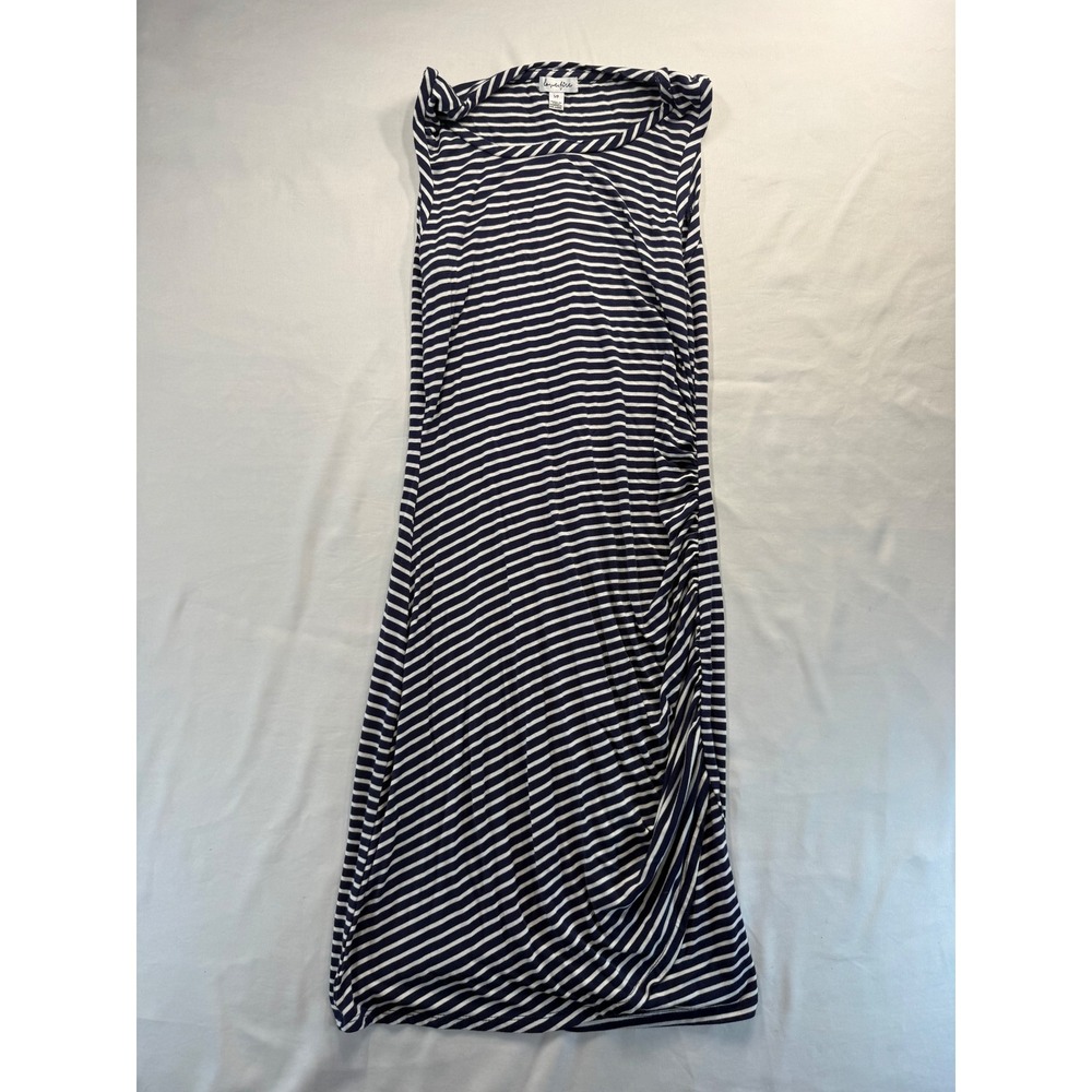 Love Fire Women Small Navy White Striped Sleeveless Ruched Midi Dress Stretch